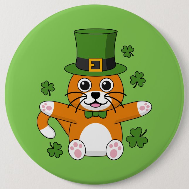 Badge Rond 15,2 Cm Chat de la Saint Patrick avec dessin Shamrock (Devant)