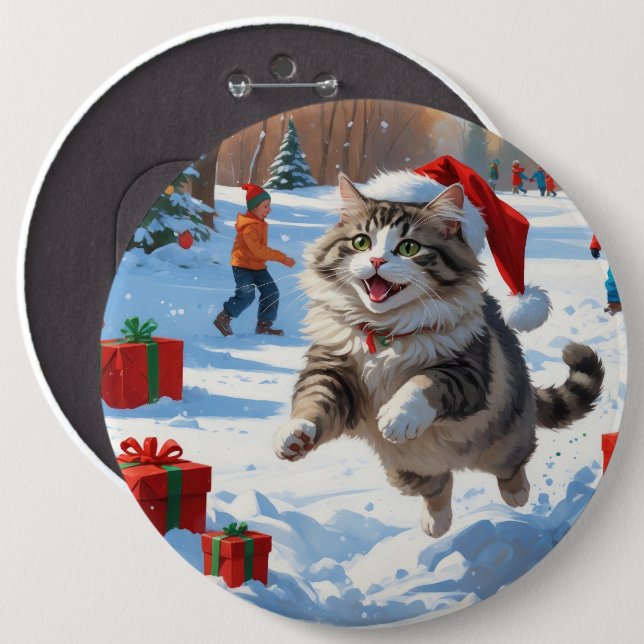 Badge Rond 15,2 Cm Chat de Sibérie courant dans la neige avec Casquet (Devant & derrière)