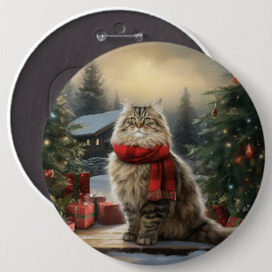 Badge Rond 15,2 Cm Chat de Sibérie en Noël de Neige