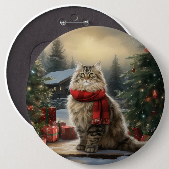 Badge Rond 15,2 Cm Chat de Sibérie en Noël de Neige (Devant & derrière)