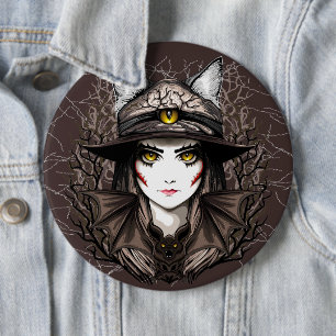 Badge Rond 15,2 Cm Chat de sorcière Halloween Déplaisant Portrait mig