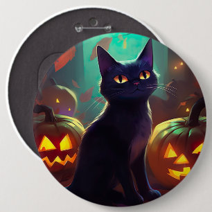 Badge Rond 15,2 Cm Chat Halloween Tuxedo Avec Peur Citrouille