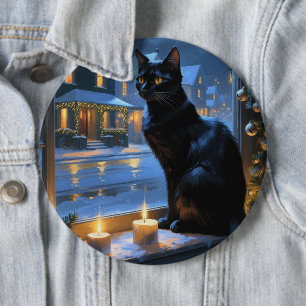 Badge Rond 15,2 Cm Chat Noir Avec Lumières De Noël Férié