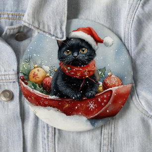Badge Rond 15,2 Cm Chat noir dans la corniche laissez passer Noël de