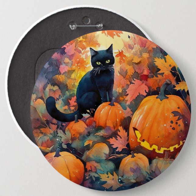 Badge Rond 15,2 Cm Chat noir d'Halloween avec la peur Citrouille (Devant & derrière)