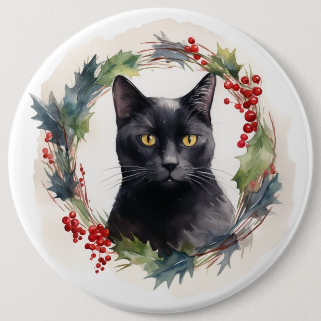 Badge Rond 15,2 Cm Chat noir Fête de couronnes de Noël Kitten (Devant)