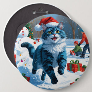 Badge Rond 15,2 Cm Chat Oriental Bleu Assis dans un Chapeau de Noël e