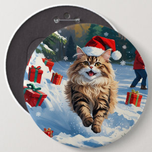 Badge Rond 15,2 Cm Chat Persan Assis dans la Neige avec un Chapeau de