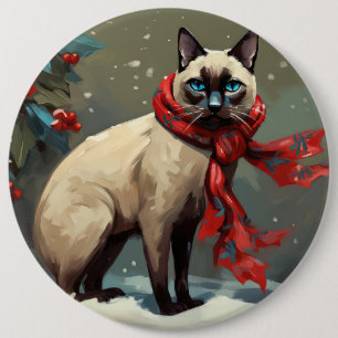 Badge Rond 15,2 Cm Chat siamois à Noël de neige