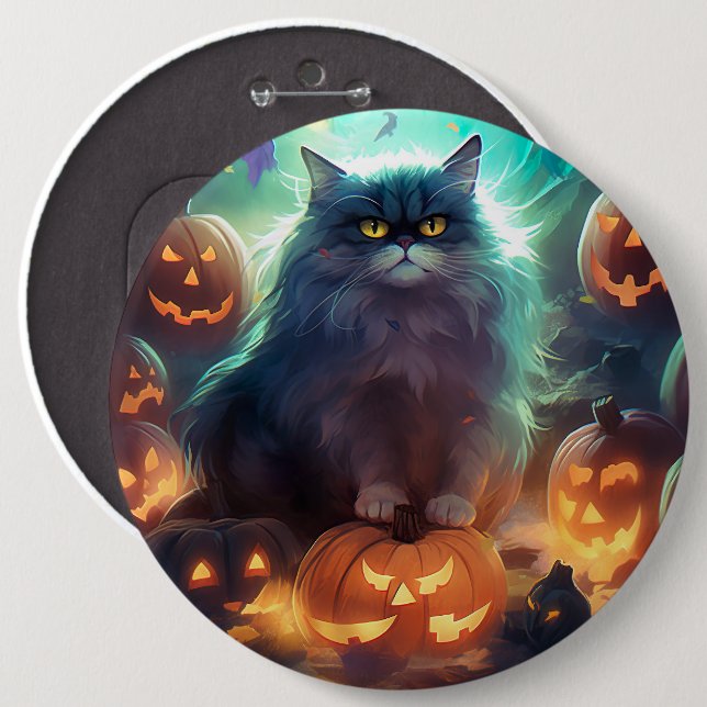 Badge Rond 15,2 Cm Chat Sibérien D'Halloween Avec Peur Citrouille (Devant & derrière)