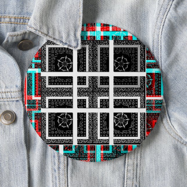 Badge Rond 15,2 Cm Chic Damier Graphisme Noir, Blanc & Rouge Art Des (En situation)