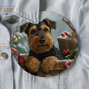Badge Rond 15,2 Cm Chien Airedale Noël Festif 