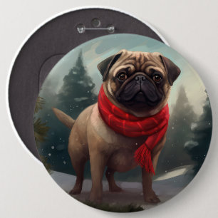 Badge Rond 15,2 Cm Chien Carlin dans la neige de Noël