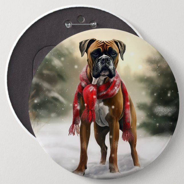 Badge Rond 15,2 Cm Chien de boxe en Noël de neige (Devant & derrière)