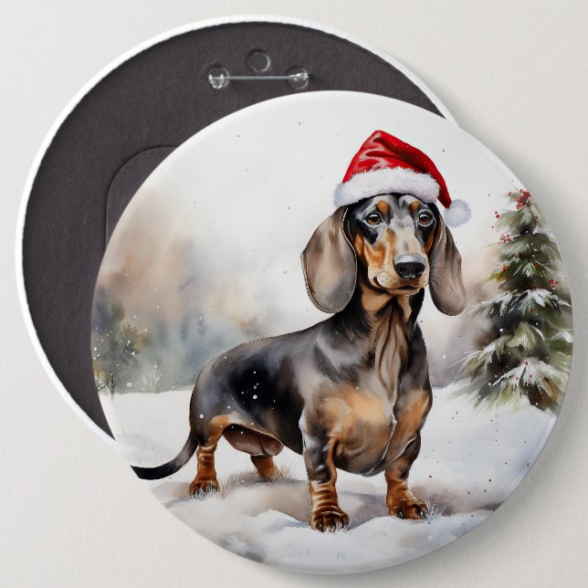 Badge Rond 15,2 Cm Chien de Dachshund à Noël de neige (Devant & derrière)