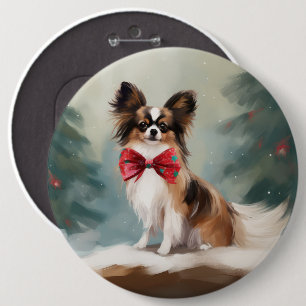 Badge Rond 15,2 Cm Chien de Papillon à Noël de neige