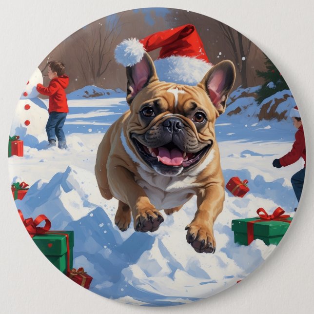 Badge Rond 15,2 Cm Chien de taureau français coule en neige avec Casq (Devant)