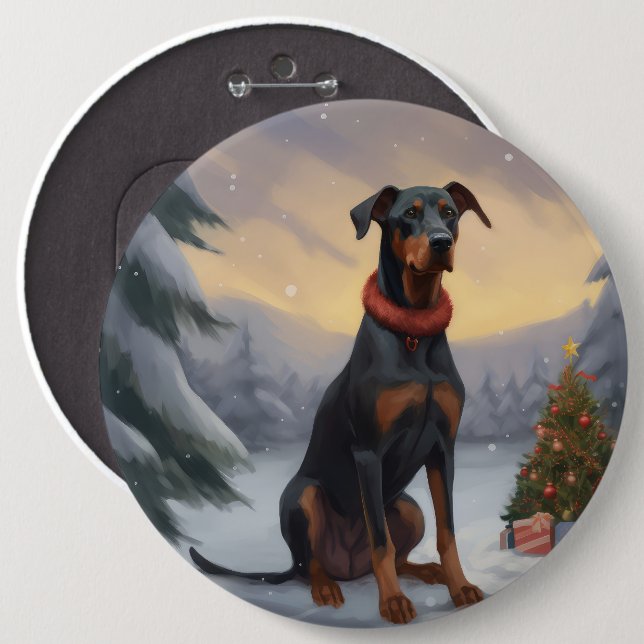 Badge Rond 15,2 Cm Chien Doberman pendant Noël de neige (Devant & derrière)