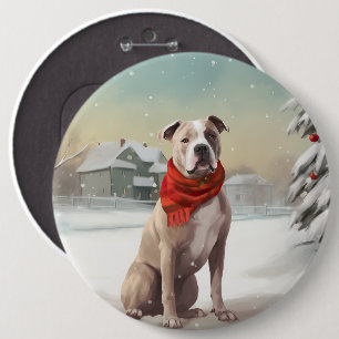Badge Rond 15,2 Cm Chien du Staffordshire américain à Noël de neige