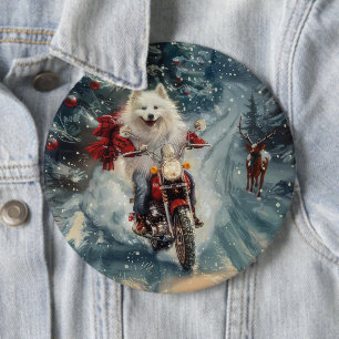 Badge Rond 15,2 Cm Chien Esquimau Américain à moto Noël