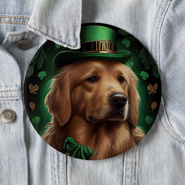 Badge Rond 15,2 Cm Chien Golden Retriever à la Saint-Patrick (En situation)