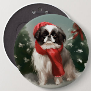 Badge Rond 15,2 Cm Chien Japonais Chin dans la neige de Noël