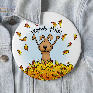Badge Rond 15,2 Cm Chien Jouer dans un seau de feuilles d'automne - A