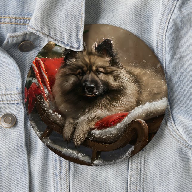 Badge Rond 15,2 Cm Chien Keeshond Noël Fêtard (En situation)