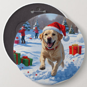 Badge Rond 15,2 Cm Chien Labrador courant dans la neige avec un chape