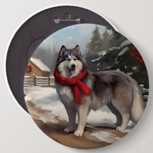 Badge Rond 15,2 Cm Chien malamué de l'Alaska en Noël de neige
