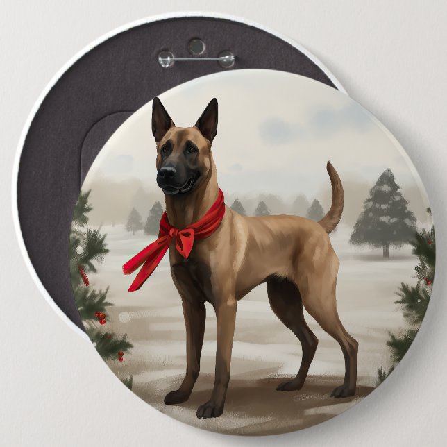 Badge Rond 15,2 Cm Chien malinois belge à Noël de neige (Devant & derrière)