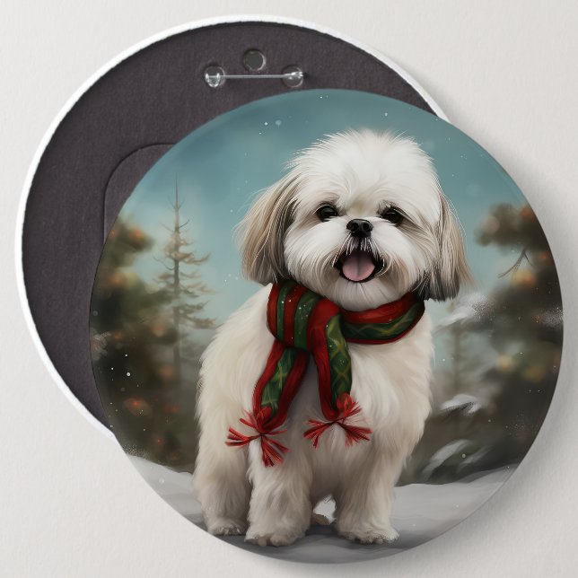 Badge Rond 15,2 Cm Chien Malti Tzu à Noël de neige (Devant & derrière)