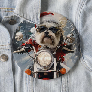 Badge Rond 15,2 Cm Chien Malti Tzu chevauchant une moto de Noël