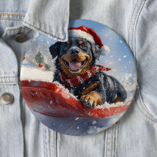 Badge Rond 15,2 Cm Chien Rottweiler en Traîneau Qu'il neige Noël