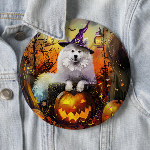 Badge Rond 15,2 Cm Chien Samoyède Effrayant Sorcière d'Halloween et C
