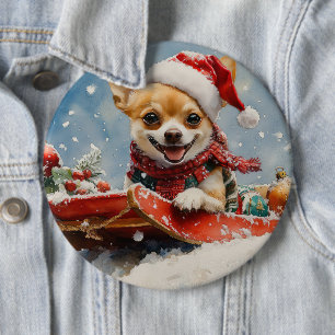 Badge Rond 15,2 Cm Chihuahua Dog in Sledge Let it neiger Noël