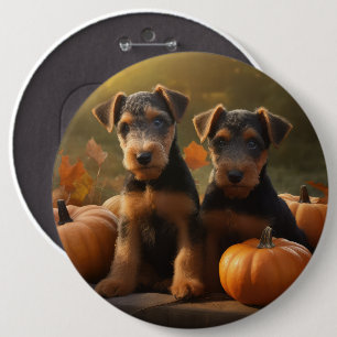 Badge Rond 15,2 Cm Chiots Airedale Automne Délice Citrouille