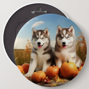 Badge Rond 15,2 Cm Chiots Malamute d'Alaska Délice d'Automne Citrouil