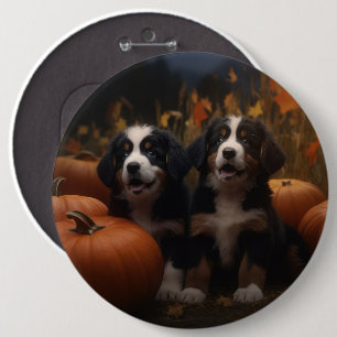 Badge Rond 15,2 Cm Chiots Montagne Bernoise Automne Délice Citrouille