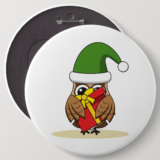 Badge Rond 15,2 Cm Chouette elfe de Noël avec présent (Devant & derrière)