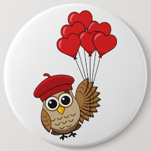 Badge Rond 15,2 Cm Chouette mignonne volant avec des ballons de coeur