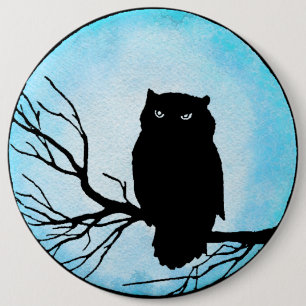 Badge Rond 15,2 Cm Chouette Vintage effrayante avec Aquarelle Bleue A
