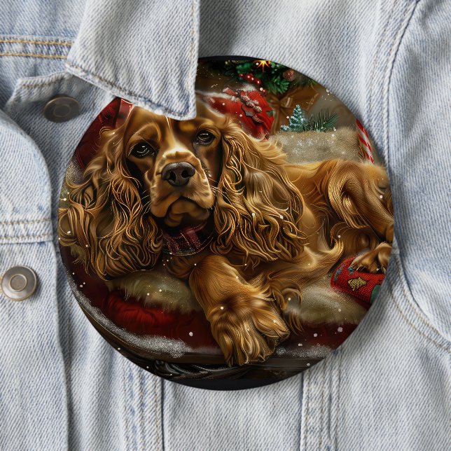 Badge Rond 15,2 Cm Cocker Spaniel Chien Noël Festif (En situation)