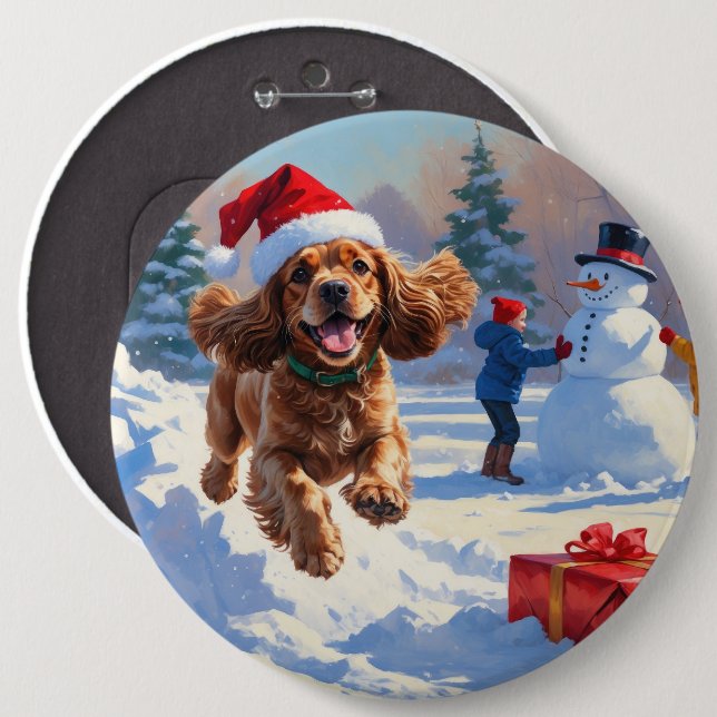 Badge Rond 15,2 Cm Cocker Spaniel coule dans la neige avec le Casquet (Devant & derrière)