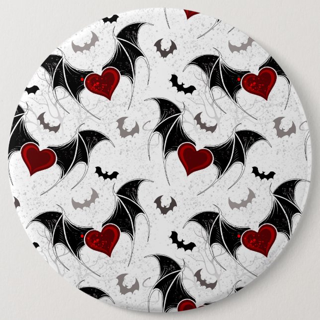 Badge Rond 15,2 Cm Coeur d'Halloween avec ailes de chauve-souris noir (Devant)