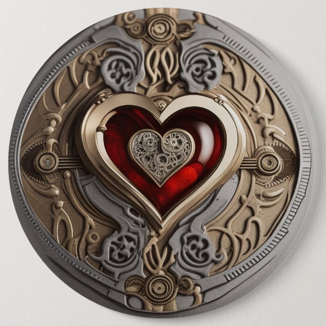 Badge Rond 15,2 Cm Coeur Steampunk - Amour mécanique complexe (Devant)