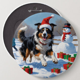Badge Rond 15,2 Cm Colley à poil long courant dans la neige avec un c
