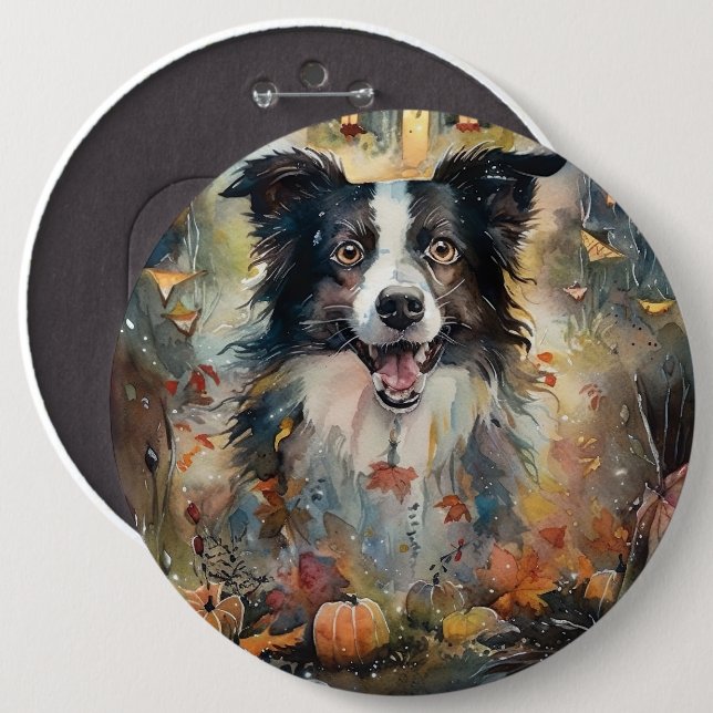 Badge Rond 15,2 Cm Collie frontalier d'Halloween avec effroi Citrouil (Devant & derrière)