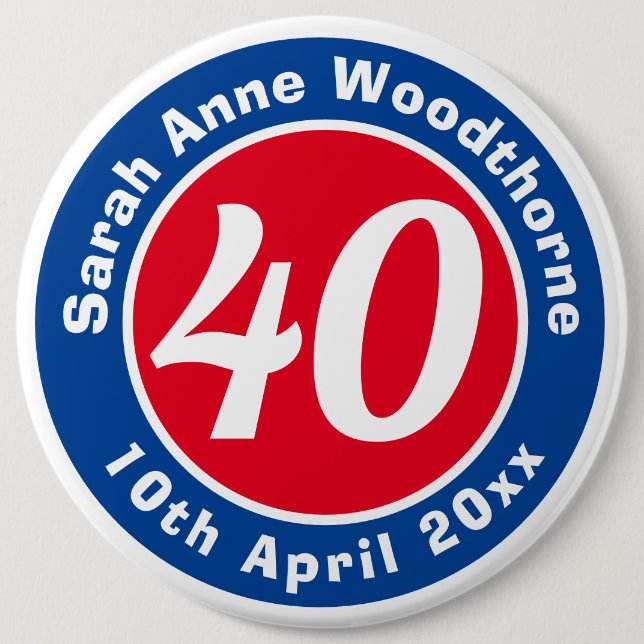 Badge Rond 15,2 Cm Commémoration d'anniversaire avec le nom, l'âge et (Devant)