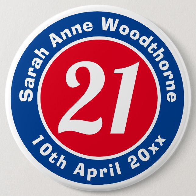 Badge Rond 15,2 Cm Commémoration d'anniversaire avec le nom, l'âge et (Devant)